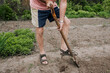 An adult man, a retired gardener, digs soil with a shovel in his hands in the spring in the garden outdoors. Agriculture concept.