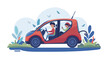 Illustration of a red electric car with two smiling people inside, surrounded by nature and birds.