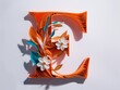 Vibrant Orange Quilled Letter E Adorned with Delicate Paper Flowers on a Soft White Background.