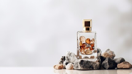 Wall Mural - Perfume bottle mockup on a light background with stones for cosmetic branding with copyspace