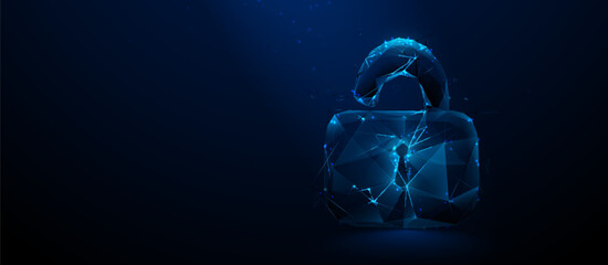 Wall Mural - Cyber security concept. Lock symbol from lines and triangles, point connecting network on blue background. Illustration vector