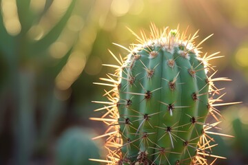 Canvas Print - Close-up of a cactus with its spines illuminated by the warm sunset light