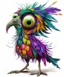 Vibrant, Colorful Fantasy Bird with Large Eyes and Feathers in Whimsical Style.