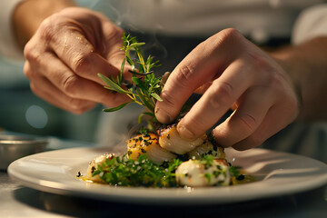 Wall Mural - a chef's hands garnishing a gourmet dish with fresh herbs, showcasing the art of culinary presentation