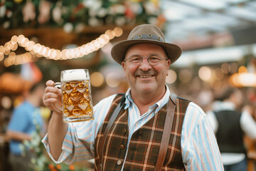 Wall Mural - Joyful senior man in traditional attire and hat holding a beer mug at Oktoberfest, captured amidst a vibrant crowd and festive decorations during the beer festival.