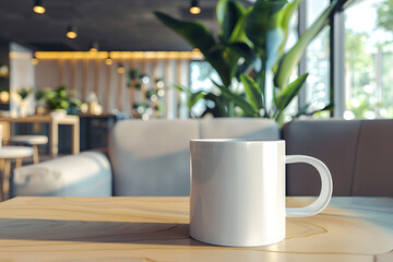 Wall Mural - a blank coffee mug on a table, perfect for presenting branded merchandise for beverage brands