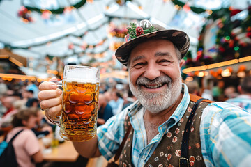 Joyful senior man in traditional German lederhosen celebrating with a beer at Oktoberfest, captured amidst a bustling crowd and festive decorations at an outdoor music stage