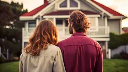 Wall Mural - Couple standing in front of new big modern house, rear view. Happy young family looking on their new property. Buying home of dream. Mortgage, home loan concept