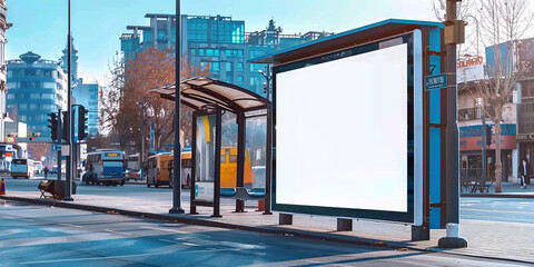 A blank white billboard at bus stop on street, for advertising mockups and urban city concepts and presentations.Mock up Billboard Media Advertising Poster banner template at Bus Station city street