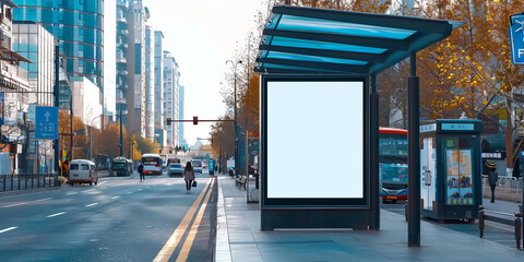 Wall Mural - A blank white billboard at bus stop on street, for advertising mockups and urban city concepts and presentations.Mock up Billboard Media Advertising Poster banner template at Bus Station city street