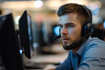 Wall Mural - Male technician with a headset concentrates on his computer monitor in a busy office environment