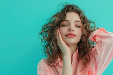 Wall Mural - A woman with curly hair wearing a pink shirt. Suitable for fashion or lifestyle blogs