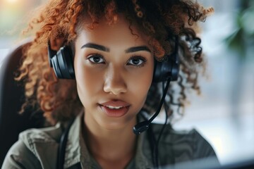 Wall Mural - Close-up of a cheerful young woman with curly hair and headphones with a microphone