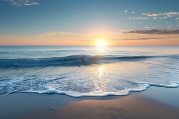 Sticker - Tranquil sunrise over a calm ocean with soft waves lapping the shore