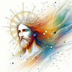 Wall Mural - A colorful artwork of a jesus christ with a beard and a crown of hair photo photo harmony card design illustrator.