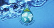 Image of save water text and globe in water droplet on blue background