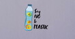 Image of say no to plastic text on plastic bottle on water droplets on grey background
