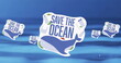 Image of save water text on signs on water background