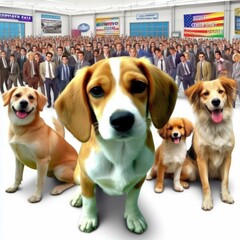 Many dogs in front of a large crowd image art photo photo card design illustrator.