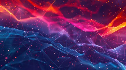 This image depicts a beautiful network of connected lines and particles with a dramatic blue and red color scheme