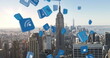 Image of falling 3d icons over aerial view of modern cityscape against sky