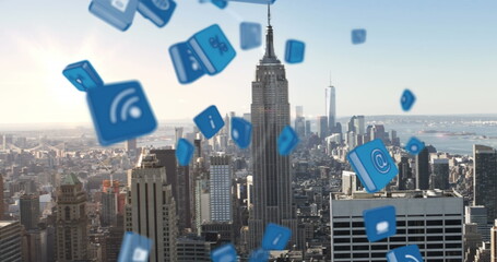 Poster - Image of falling 3d icons over aerial view of modern cityscape against sky