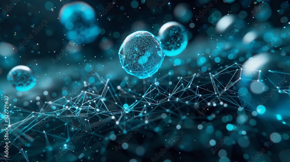 blue background with many small blue spheres. The spheres are connected ...