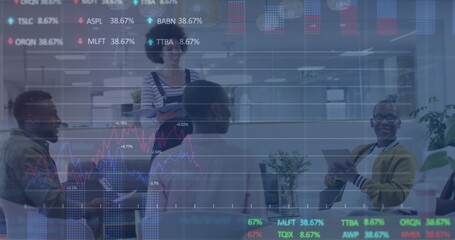 Canvas Print - Image of stock market data processing over diverse colleagues discussing together at office