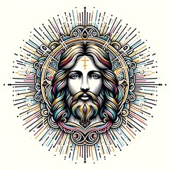 Wall Mural - A colorful drawing of a jesus christ with a beard attractive harmony card design illustrator illustrator.