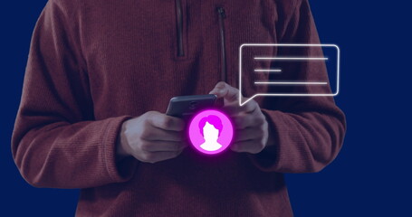 image of neon profile and message icon against mid section of man using a smartphone