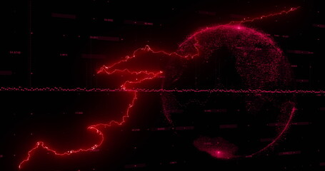 Wall Mural - image of glowing red lightning flashes over red globe and data processing on black background