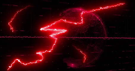 Wall Mural - image of glowing red lightning flashes over red globe and data processing on black background