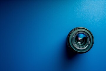 Canvas Print - Top view of a photographic camera lens isolated on a vibrant blue background