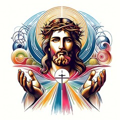 Wall Mural - A colorful drawing of a jesus christ with his hands up lively used for printing card design illustrator.
