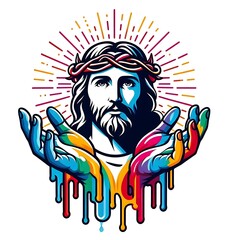 Wall Mural - A colorful hands with a jesus christ with a crown of thorns art realistic used for printing card design illustrator.