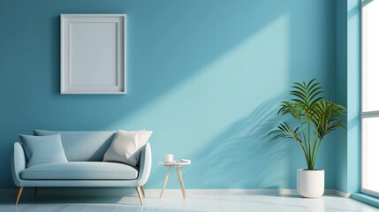 an empty picture frame hangs on the coloured wall in a modern room