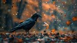 A solitary black crow perched solemnly on the ground, its presence surrounded by an aura of mystery and intrigue.