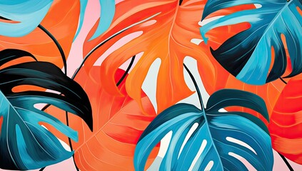 Sticker - Tropical Splendor: Colorful Monstera Leaves Illustration Bringing Vibrancy