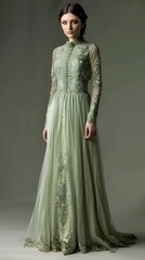 Beautiful Light Green Lace Dress with Long Sleeves

