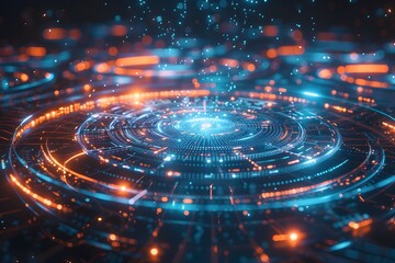 Wall Mural - A computer generated image of a glowing blue circle with orange and red swirls. The image has a futuristic and technological feel to it