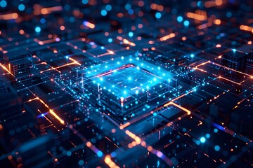 Wall Mural - A computer chip is lit up in a blue and orange color scheme. The chip is surrounded by a network of glowing lines and dots. Concept of technology and innovation, with the bright colors