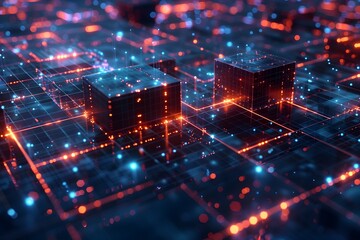 Wall Mural - A computer chip with a blue background and orange and blue lights