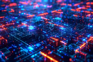 Wall Mural - A computer generated image of a cityscape with blue and red lights. The image is full of bright colors and has a futuristic feel to it