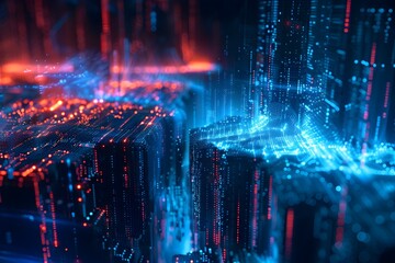 Wall Mural - A computer generated image of a cityscape with blue and red lights. The image is abstract and has a futuristic feel to it