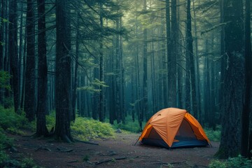 Poster - Tranquil and serene camping scene in the misty, peaceful forest surrounded by trees and greenery, offering solitude and a sense of calm atmosphere for a relaxing outdoor adventure in nature