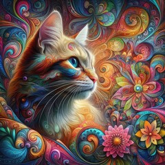  A cat with colorful swirls photo attractive lively used for printing illustrator.