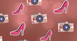 Image of pink high heels and cameras over light spots on brown background