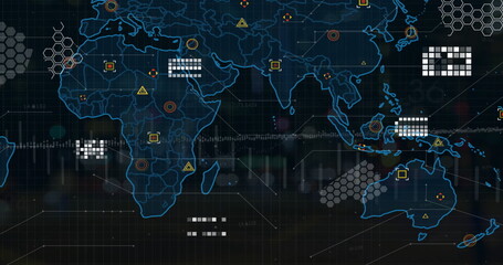 Wall Mural - Image of web of connections and data processing over continents on black background