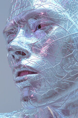 Digital human face textured with intricate patterns in shades of purple and blue. Modern art and futuristic concept. Design for poster, wallpaper, and digital art.