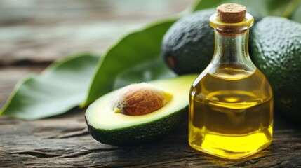 Wholesome Avocado Oil: Capturing the Essence of Avocado Fruit and Leaves- Presented in a Striking 